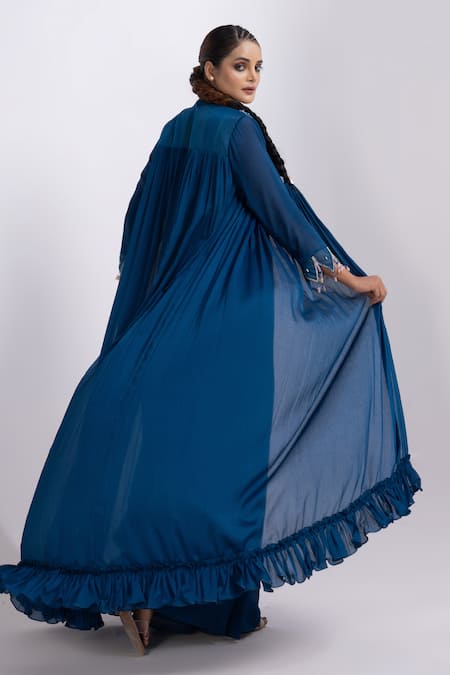 Merge Design Blue Embroidered Top Pant Shrug Set 