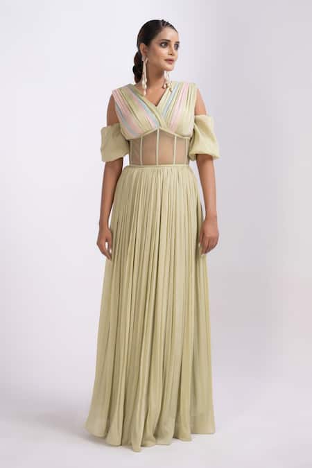 Merge Design_Green Chiffon, Crepe V-neck Pleated Dress With Padded Bodice _Online_at_Aza_Fashions