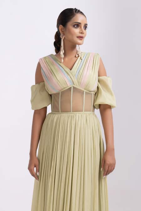 Buy_Merge Design_Green Chiffon, Crepe V-neck Pleated Dress With Padded Bodice _Online_at_Aza_Fashions