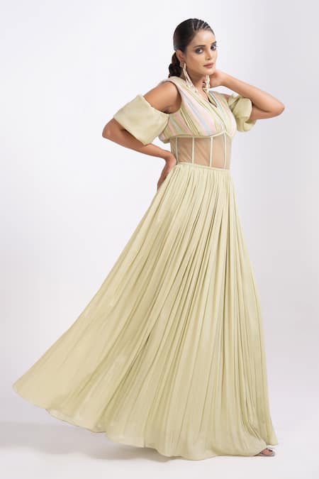 Shop_Merge Design_Green Chiffon, Crepe V-neck Pleated Dress With Padded Bodice _Online_at_Aza_Fashions