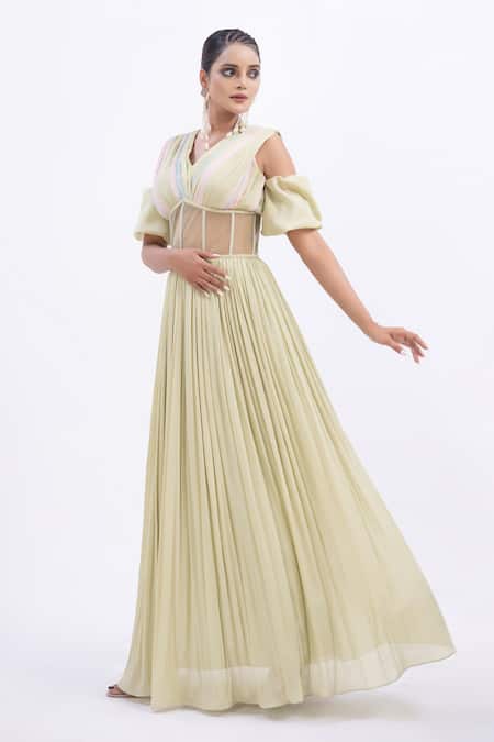 Merge Design_Green Chiffon, Crepe V-neck Pleated Dress With Padded Bodice _at_Aza_Fashions