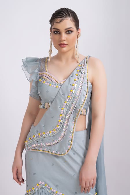 Merge Design_Blue Organza, Chiffon Beads, Embroidery Designer Pre-draped Saree And Blouse Set _Online_at_Aza_Fashions