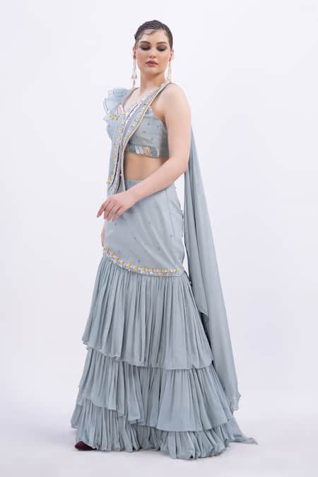 Buy_Merge Design_Blue Organza, Chiffon Beads, Embroidery Designer Pre-draped Saree And Blouse Set _Online_at_Aza_Fashions