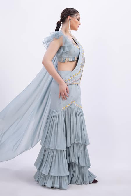 Shop_Merge Design_Blue Organza, Chiffon Beads, Embroidery Designer Pre-draped Saree And Blouse Set _Online_at_Aza_Fashions