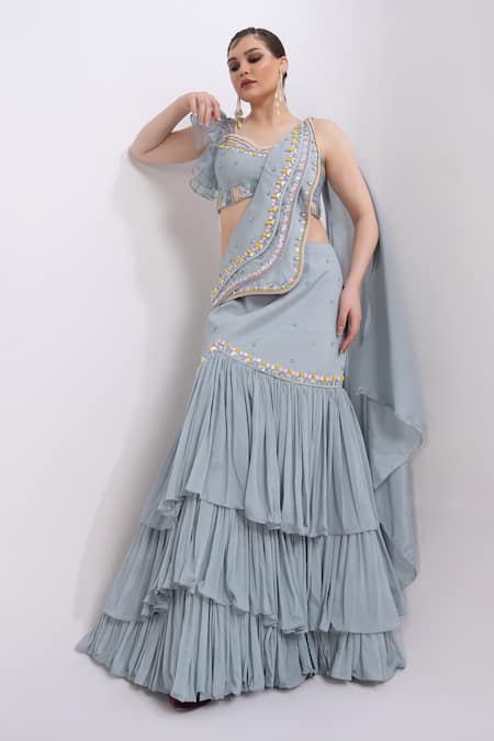 Merge Design_Blue Organza, Chiffon Beads, Embroidery Designer Pre-draped Saree And Blouse Set _at_Aza_Fashions