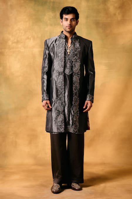 Mukti And Kavith Casa_Gray Tissue Embroidery Moonlit Edge Sherwani Jacket Kurta Set _Online_at_Aza_Fashions