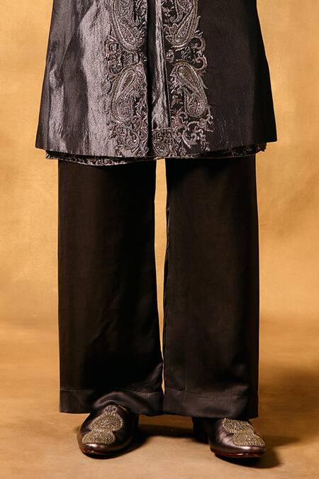 Buy_Mukti And Kavith Casa_Gray Tissue Embroidery Moonlit Edge Sherwani Jacket Kurta Set _Online_at_Aza_Fashions