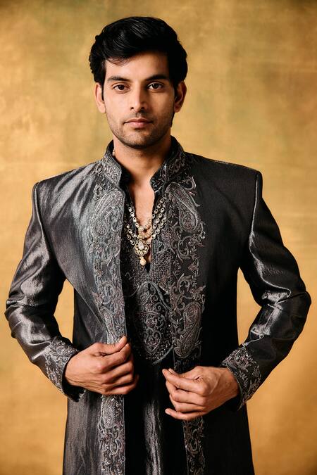 Shop_Mukti And Kavith Casa_Gray Tissue Embroidery Moonlit Edge Sherwani Jacket Kurta Set _Online_at_Aza_Fashions