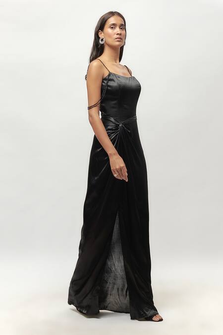 Shop_Emblaze_Black Crystals Round Neck Gajji Corset Draped Gown _Online_at_Aza_Fashions
