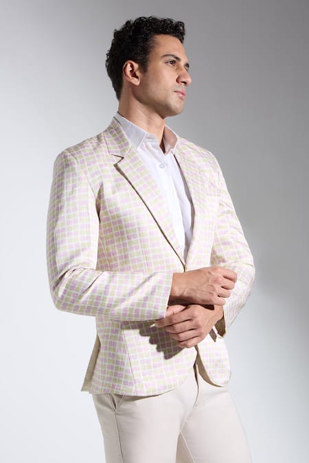 Neha Gursahani_Multi Color Satin, Linen Checkered Blazer _Online_at_Aza_Fashions