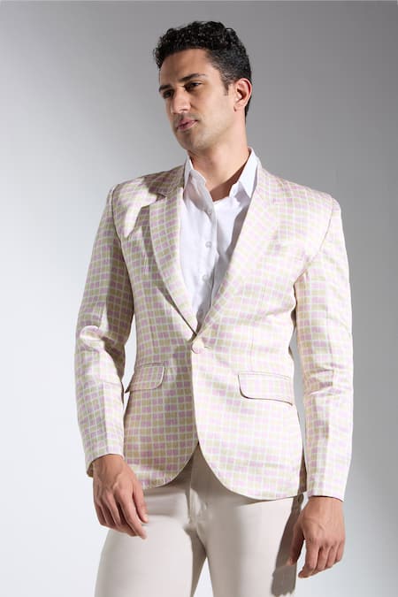 Shop_Neha Gursahani_Multi Color Satin, Linen Checkered Blazer _Online_at_Aza_Fashions