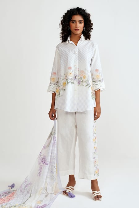 Rainas Multi Color Cotton, Linen Embroidery, Lace Collared Petal Plaid Shirt And Pant Set 