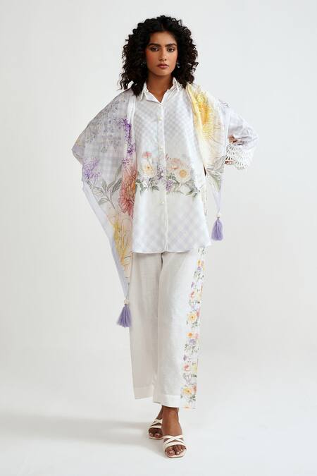 Buy_Rainas_Multi Color Cotton, Linen Embroidery, Lace Collared Petal Plaid Shirt And Pant Set _Online_at_Aza_Fashions