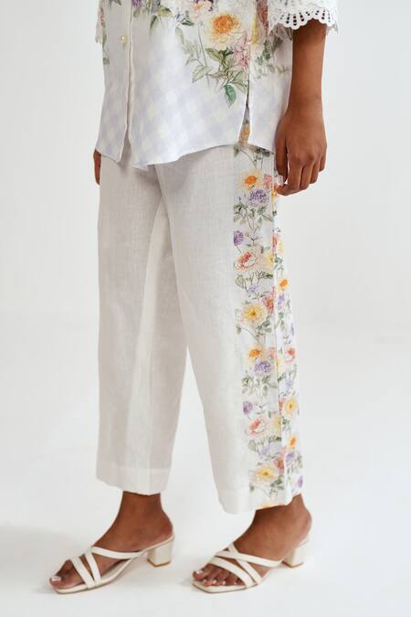 Shop_Rainas_Multi Color Cotton, Linen Embroidery, Lace Collared Petal Plaid Shirt And Pant Set _Online_at_Aza_Fashions