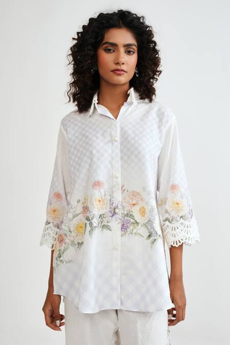Rainas_Multi Color Cotton, Linen Embroidery, Lace Collared Petal Plaid Shirt And Pant Set _at_Aza_Fashions