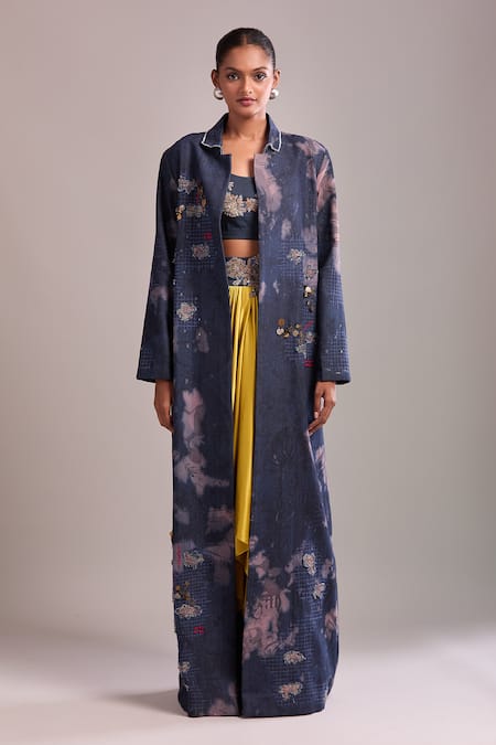 AK-OK Blue Embroidery Round Neck, Collared Blouse And Draped Skirt Set Online at Aza Fashions AK-OK_Blue Embroidery Round Neck, Collared Blouse And Draped Skirt Set _Online_at_Aza_Fashions