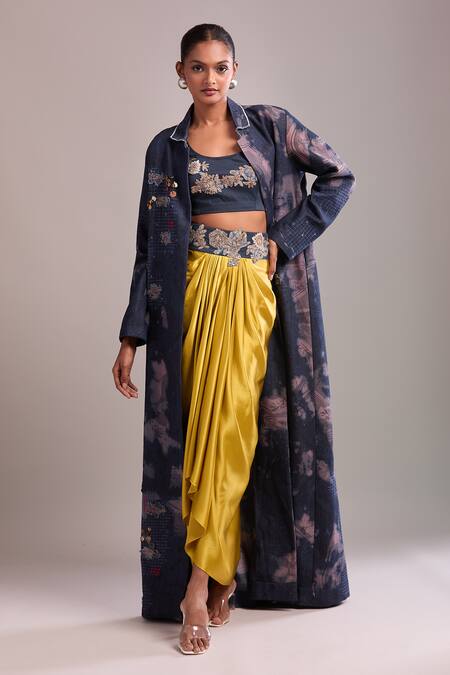 Buy AK-OK Blue Embroidery Round Neck, Collared Blouse And Draped Skirt Set Online at Aza Fashions Buy_AK-OK_Blue Embroidery Round Neck, Collared Blouse And Draped Skirt Set _Online_at_Aza_Fashions