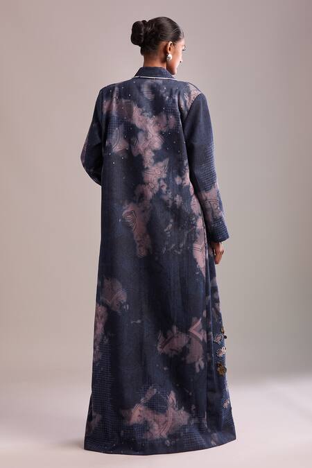 Shop AK-OK Blue Embroidery Round Neck, Collared Blouse And Draped Skirt Set at Aza Fashions Shop_AK-OK_Blue Embroidery Round Neck, Collared Blouse And Draped Skirt Set _at_Aza_Fashions