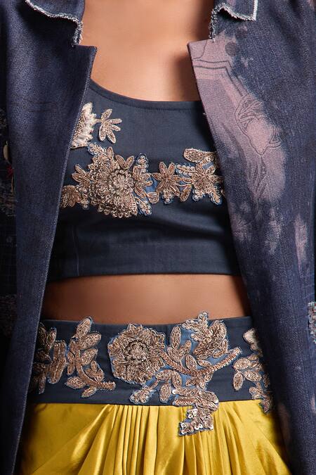 Shop AK-OK Blue Embroidery Round Neck, Collared Blouse And Draped Skirt Set Online at Aza Fashions Shop_AK-OK_Blue Embroidery Round Neck, Collared Blouse And Draped Skirt Set _Online_at_Aza_Fashions