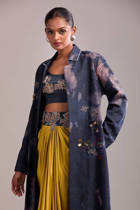AK-OK Blue Embroidery Round Neck, Collared Blouse And Draped Skirt Set at Aza Fashions AK-OK_Blue Embroidery Round Neck, Collared Blouse And Draped Skirt Set _at_Aza_Fashions