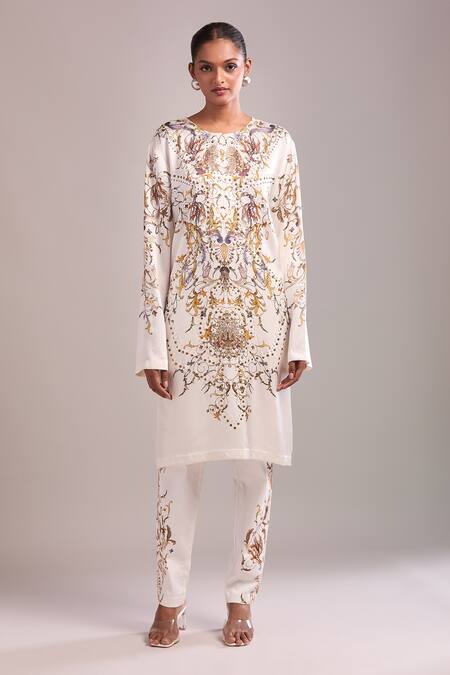 AK-OK White Embroidery Round Neck Kurta And Pant Set Online at Aza Fashions AK-OK_White Embroidery Round Neck Kurta And Pant Set _Online_at_Aza_Fashions