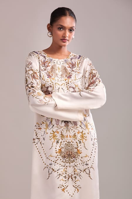 AK-OK White Embroidery Round Neck Kurta And Pant Set at Aza Fashions AK-OK_White Embroidery Round Neck Kurta And Pant Set _at_Aza_Fashions