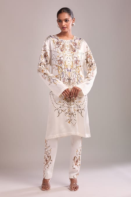 Buy AK-OK White Embroidery Round Neck Kurta And Pant Set Buy_AK-OK_White Embroidery Round Neck Kurta And Pant Set