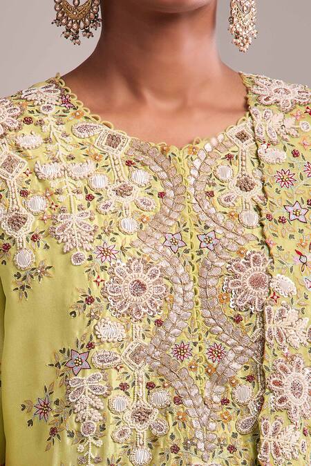 Shop_Anamika Khanna_Lavender Embroidery Round Neck Lime Green Kurta Set_Online_at_Aza_Fashions