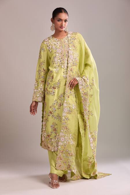 Anamika Khanna_Lavender Embroidery Round Neck Lime Green Kurta Set_at_Aza_Fashions