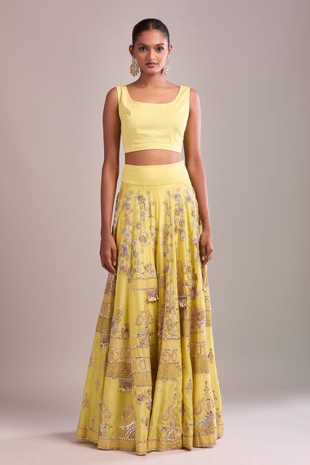 Anamika Khanna_Yellow Embroidery, Sequins Round Neck Kurta Sharara Set_Online_at_Aza_Fashions