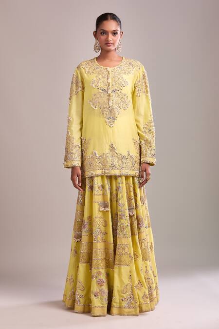 Shop_Anamika Khanna_Yellow Embroidery, Sequins Round Neck Kurta Sharara Set_Online_at_Aza_Fashions