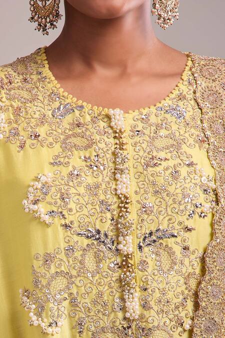 Buy_Anamika Khanna_Yellow Embroidery, Sequins Round Neck Kurta Sharara Set