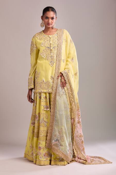Shop_Anamika Khanna_Yellow Embroidery, Sequins Round Neck Kurta Sharara Set