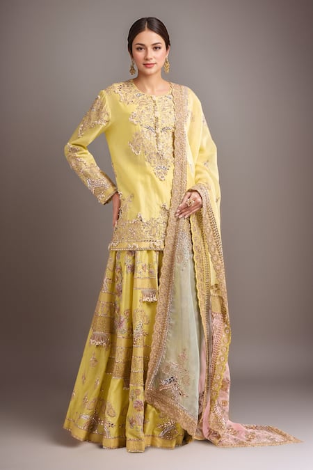 Anamika Khanna Yellow Embroidered Kurta Sharara Set 