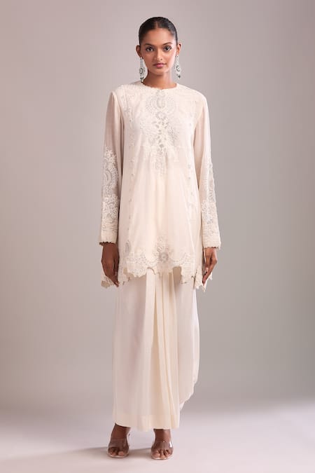 Anamika Khanna_Ivory Embroidery Round Neck Kurta Set With Draped Skirt _Online_at_Aza_Fashions