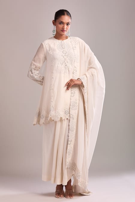Buy_Anamika Khanna_Ivory Embroidery Round Neck Kurta Set With Draped Skirt _Online_at_Aza_Fashions