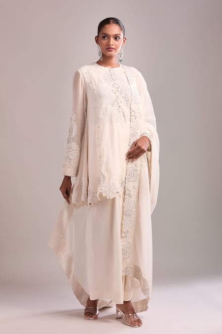 Shop_Anamika Khanna_Ivory Embroidery Round Neck Kurta Set With Draped Skirt _Online_at_Aza_Fashions