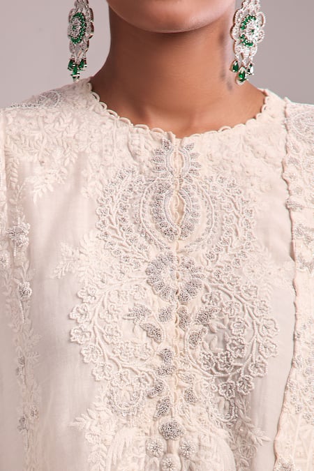 Anamika Khanna_Ivory Embroidery Round Neck Kurta Set With Draped Skirt _at_Aza_Fashions