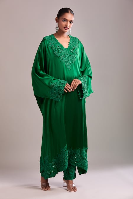 Shop_Anamika Khanna_Emerald Green Embroidery V-neck Kaftan And Pant Set _Online_at_Aza_Fashions