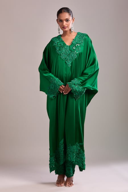 Anamika Khanna_Emerald Green Embroidery V-neck Kaftan And Pant Set _at_Aza_Fashions