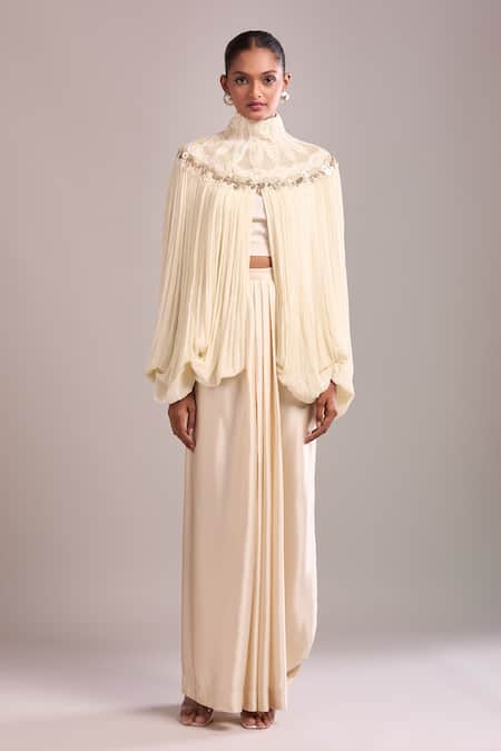 Buy Anamika Khanna Ivory Sequins High Neck Draped Skirt And Cape Set Buy_Anamika Khanna_Ivory Sequins High Neck Draped Skirt And Cape Set