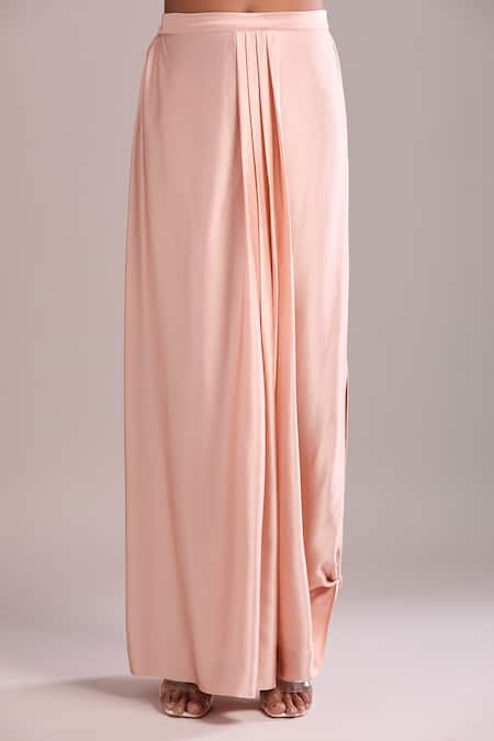 Anamika Khanna_Pink Chiffon Sequins High Neck Rose Draped Skirt And Cape Set _Online_at_Aza_Fashions