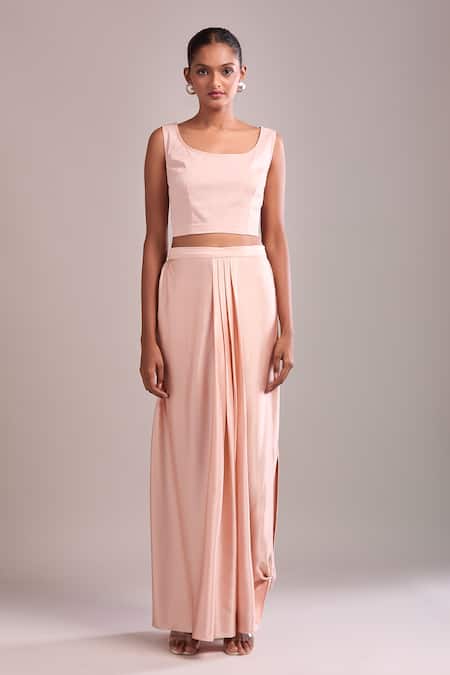 Buy_Anamika Khanna_Pink Chiffon Sequins High Neck Rose Draped Skirt And Cape Set _Online_at_Aza_Fashions