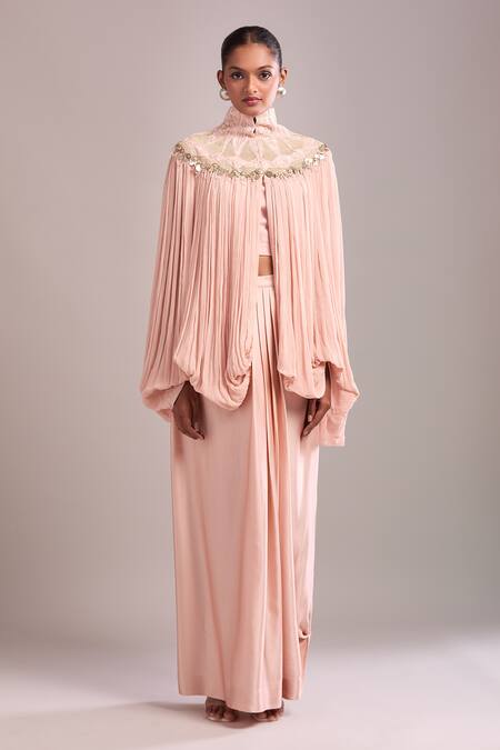 Shop_Anamika Khanna_Pink Chiffon Sequins High Neck Rose Draped Skirt And Cape Set _Online_at_Aza_Fashions