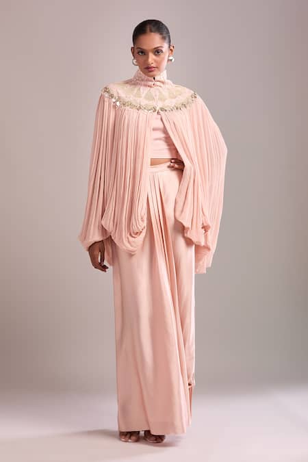 Anamika Khanna_Pink Chiffon Sequins High Neck Rose Draped Skirt And Cape Set _at_Aza_Fashions