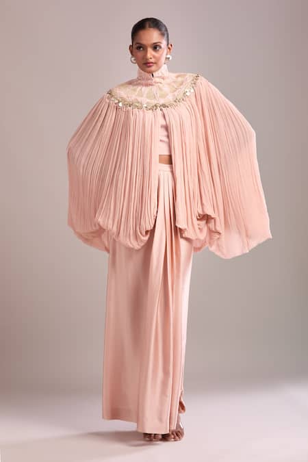 Buy_Anamika Khanna_Pink Chiffon Sequins High Neck Rose Draped Skirt And Cape Set 