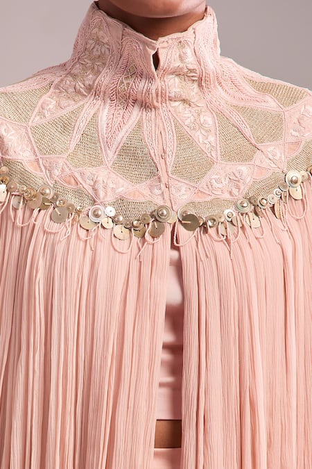 Shop_Anamika Khanna_Pink Chiffon Sequins High Neck Rose Draped Skirt And Cape Set 