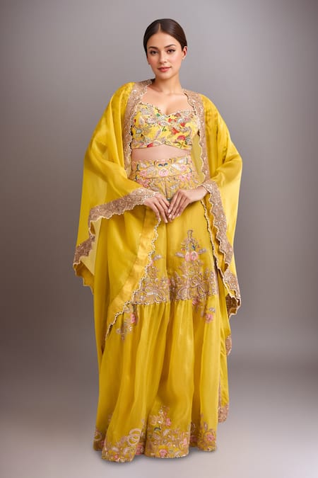 Anamika Khanna Embroidered Yellow Cape & Sharara Set 
