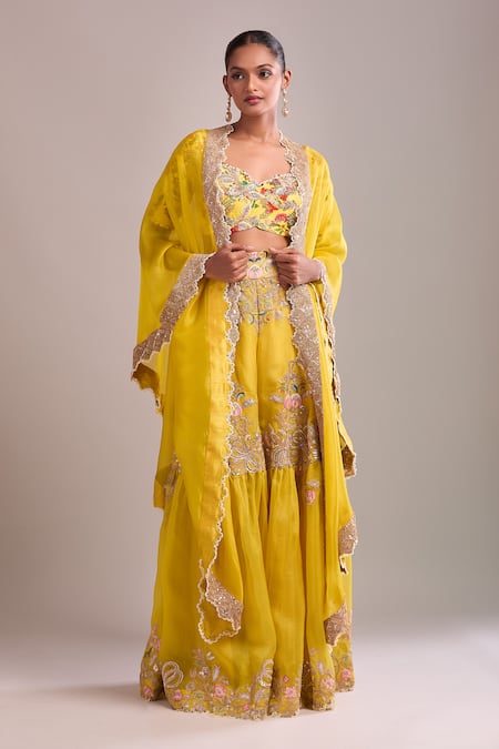 Buy_Anamika Khanna_Yellow Embroidery Sweetheart Neck Cape And Sharara Set _Online_at_Aza_Fashions