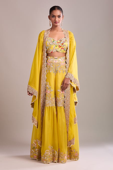 Shop_Anamika Khanna_Yellow Embroidery Sweetheart Neck Cape And Sharara Set _Online_at_Aza_Fashions